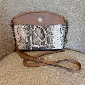 Anne Klein Taupe and Snake-Print Crossbody with Gold Chain